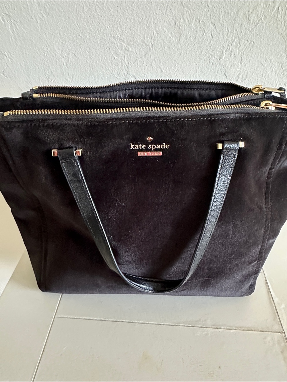 kate spade Black Suede Tote with Gold Hardware
